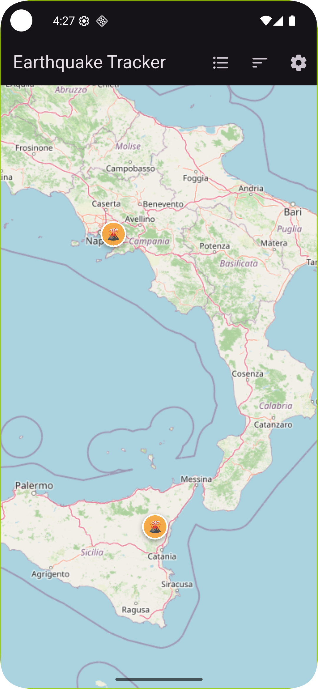 Map view showing active and famous volcano pins
